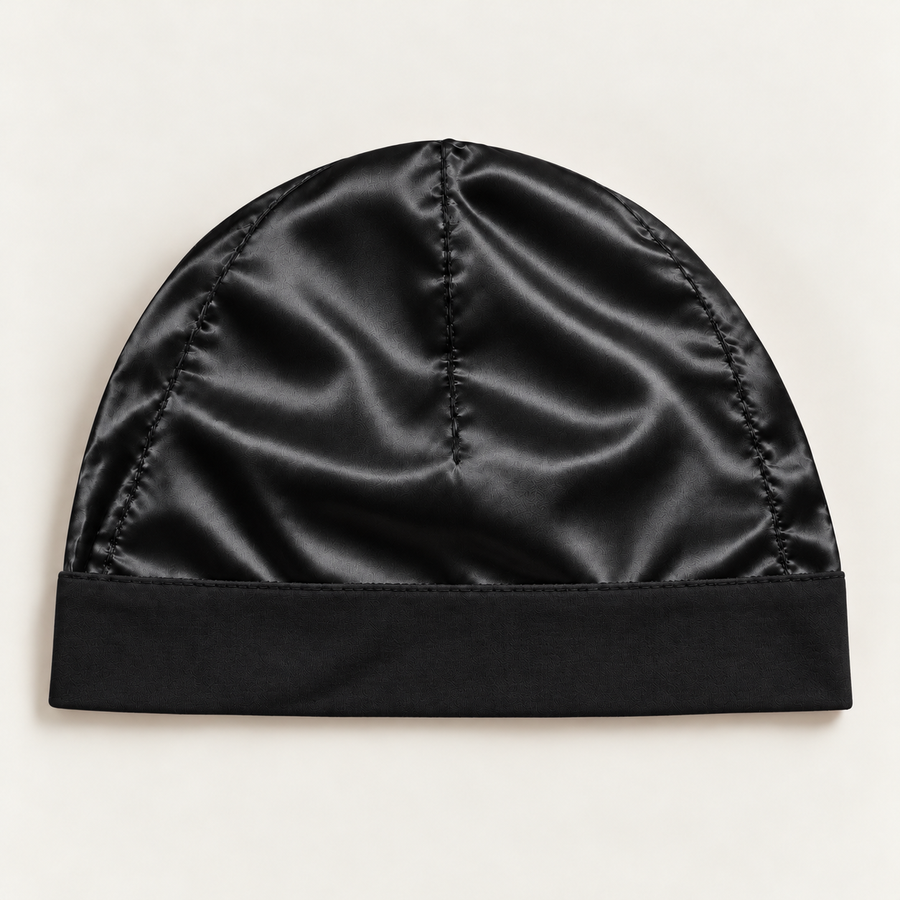 Inside the cap: a satin lining under the cotton shell.